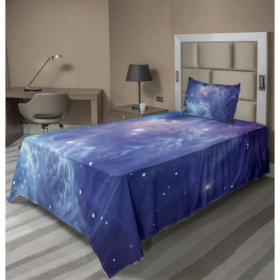 Ambesonne Nebula Fitted & Top Sheet Set with Sham, Star Clusters in Space, Purple Navy