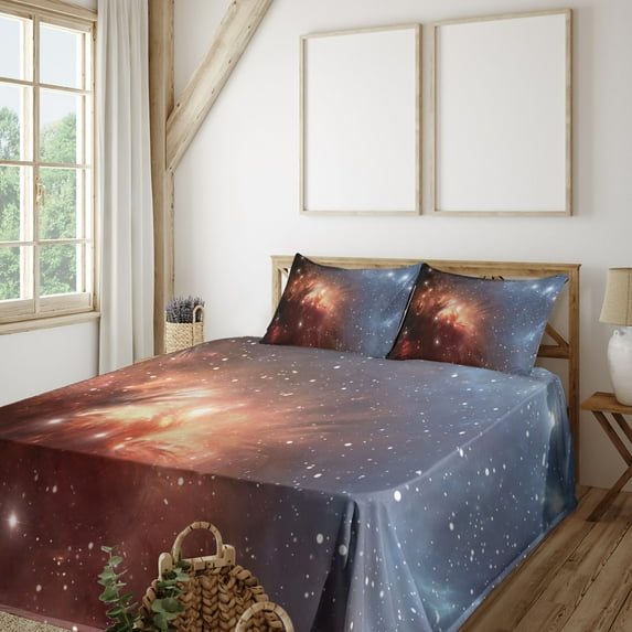 Ambesonne Nebula Fitted & Top Sheet Set with Shams, Astronomy Cosmos Space, Burnt Orange Blue