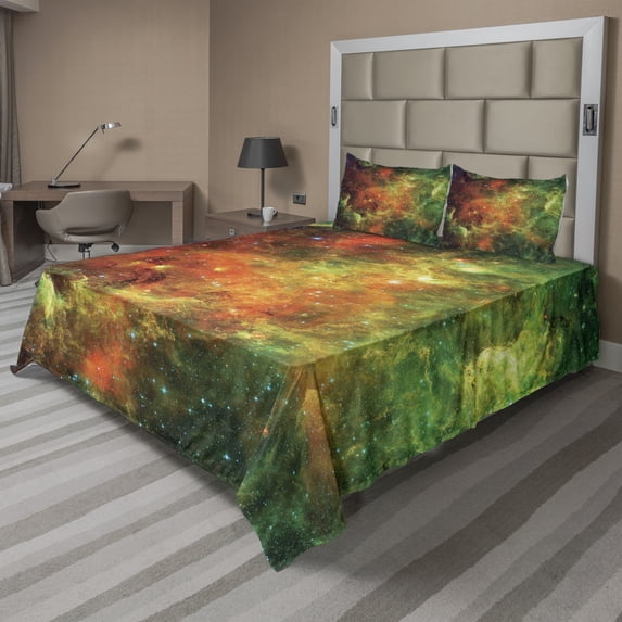 Ambesonne Nebula Fitted & Top Sheet Set with Shams, Cosmos Space Planet, Orange Green