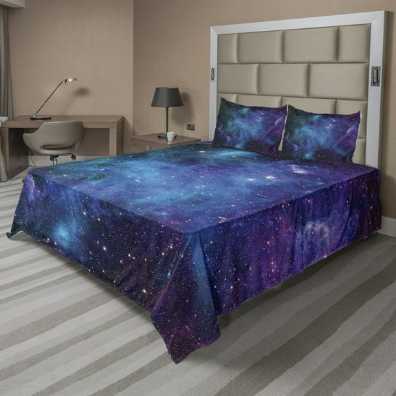 Ambesonne Nebula Fitted & Top Sheet Set with Shams, Galaxy Stars in Space, Navy Purple