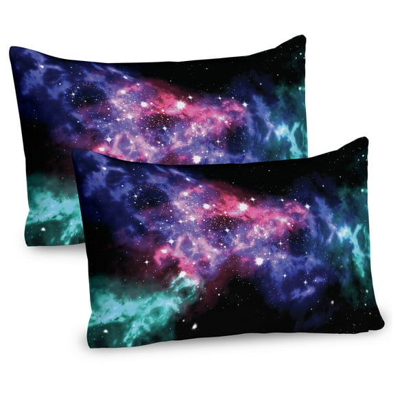 Ambesonne Nebula Pillow Sham 2 Pack, Dusty Gas Cloud Stars, 30"x20", Purple Pink Navy