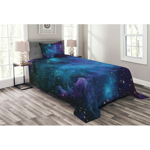 Ambesonne Nebula Quilted Bedspread Set 2 Pcs, Galaxy Stars in Space, Twin Size, Navy Purple