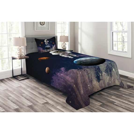 Ambesonne Nebula Quilted Bedspread Set 2 Pcs, Planets Astronaut Space, Twin Size, Multicolor