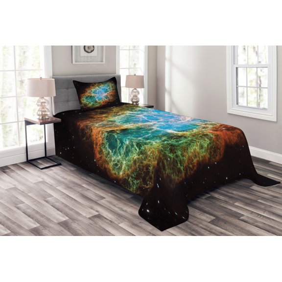 Ambesonne Nebula Quilted Bedspread Set 2 Pcs, Supernova Stars Cosmos, Twin Size, Black Teal Orange