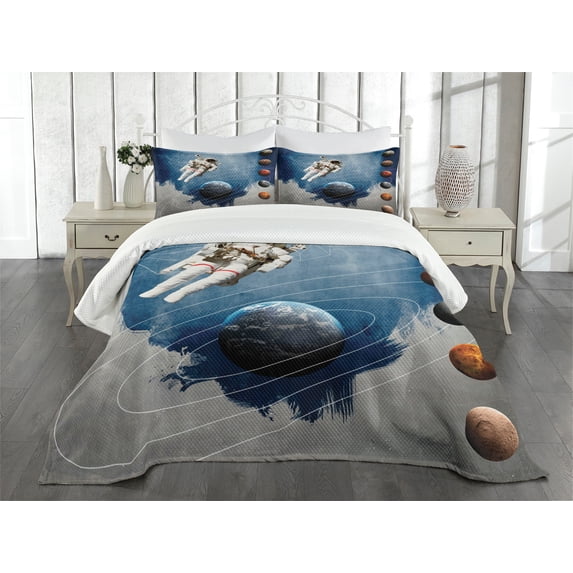 Ambesonne Nebula Quilted Bedspread Set 3 Pcs, Astronaut Planets Space, King Size, Multicolor