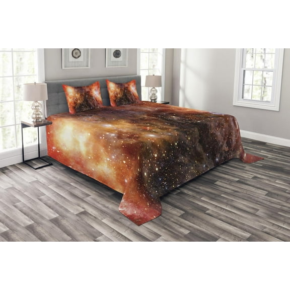 Ambesonne Nebula Quilted Bedspread Set 3 Pcs, Gas Cloud in Deep Space, Queen Size, Burnt Orange Black