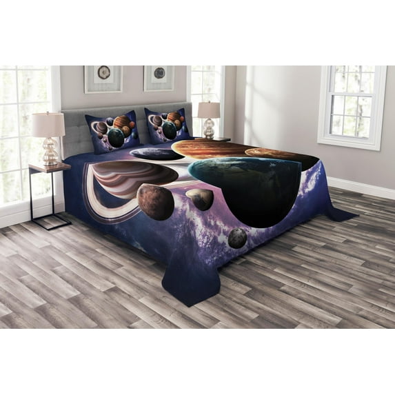 Ambesonne Nebula Quilted Bedspread Set 3 Pcs, Milky Way Planets Space, Queen Size, Multicolor