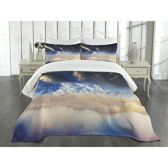 Ambesonne Nebula Quilted Bedspread Set 3 Pcs, Snowy Winter Mountains, Queen Size, Blue White