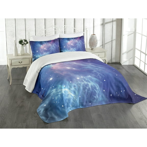 Ambesonne Nebula Quilted Bedspread Set 3 Pcs, Star Clusters in Space, King Size, Purple Navy