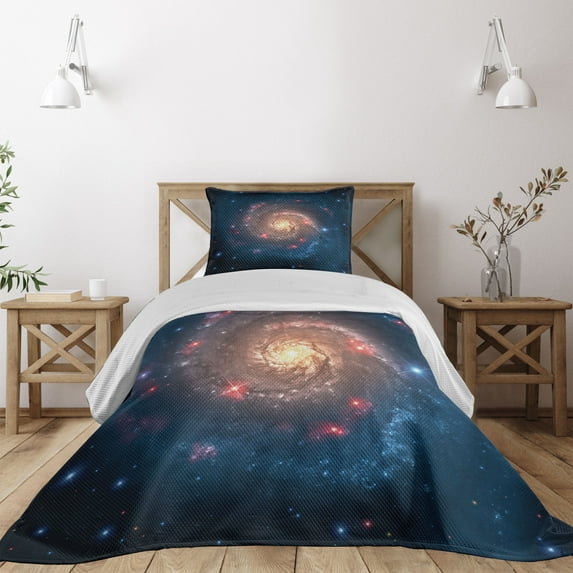 Ambesonne Nebula Quilted Coverlet 2 Pcs, Black Hole Cosmos Space, Twin Size, Petrol Blue Peach