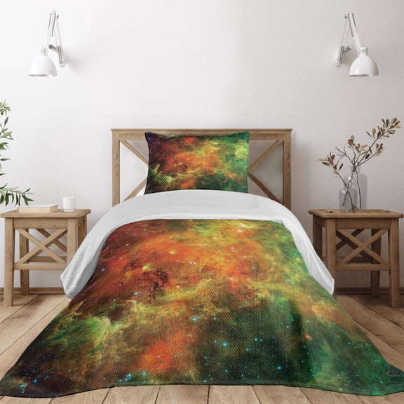 Ambesonne Nebula Quilted Coverlet 2 Pcs, Cosmos Space Planet, Twin Size, Orange Green