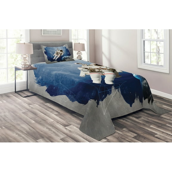 Ambesonne Nebula Quilted Coverlet 2 Pcs, Planet Earth Art Outer, Twin Size, Blue Beige