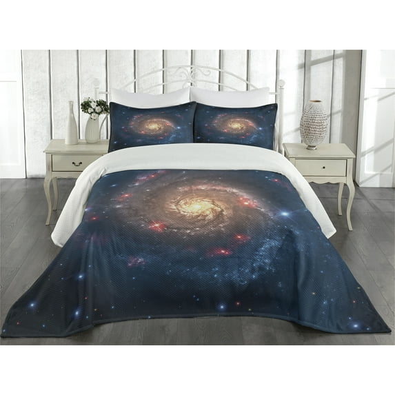 Ambesonne Nebula Quilted Coverlet 3 Pcs, Black Hole Cosmos Space, Queen Size, Petrol Blue Peach