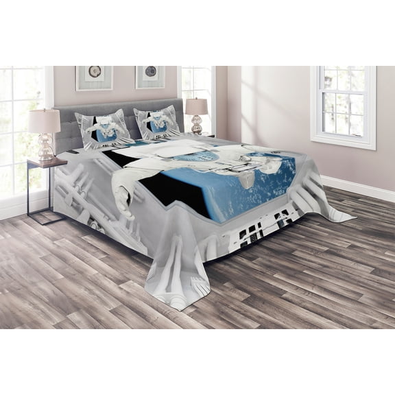 Ambesonne Nebula Quilted Coverlet 3 Pcs, Cosmic Journey Space, Queen Size, White and Blue