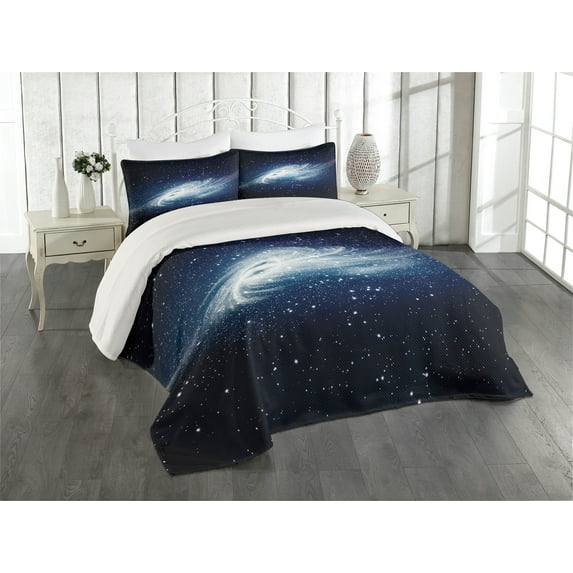 Ambesonne Nebula Quilted Coverlet 3 Pcs, Milky Way Galaxy Space, Queen Size, Navy White