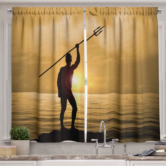 Ambesonne Neptune Kitchen Curtains, Human Myth with Trident Sun, 55"x24", Pale Coffee Dark Cocoa