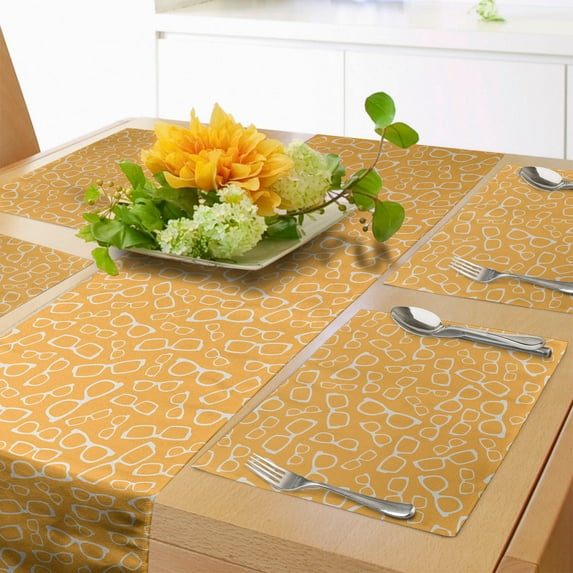 Ambesonne Nerdy Table Runner & Placemats, Hipster Glasses Simplistic, Placemat 4 pcs + Runner 14"x90", Pale Orange and Cream