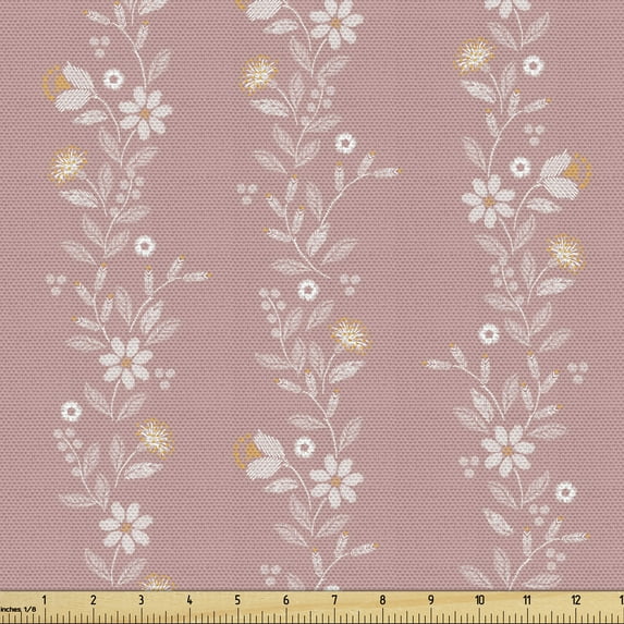 Ambesonne Neutral Color Fabric by the Yard Upholstery, Pastel Retro Floral, 3 Yards, Pale Pink and Rose