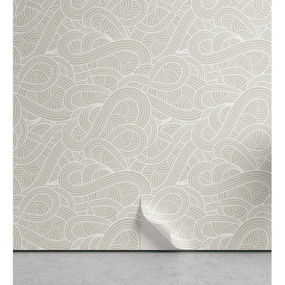 Ambesonne Neutral Color Peel & Stick Wallpaper for Home, Pastel Doodle Swirls, 13"x36", Pale Tan and White