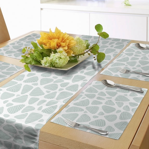 Ambesonne Neutral Color Table Runner & Placemats, Pebble Like Shapes, Placemat 4 pcs + Runner 14"x72", Pale Seafoam and White