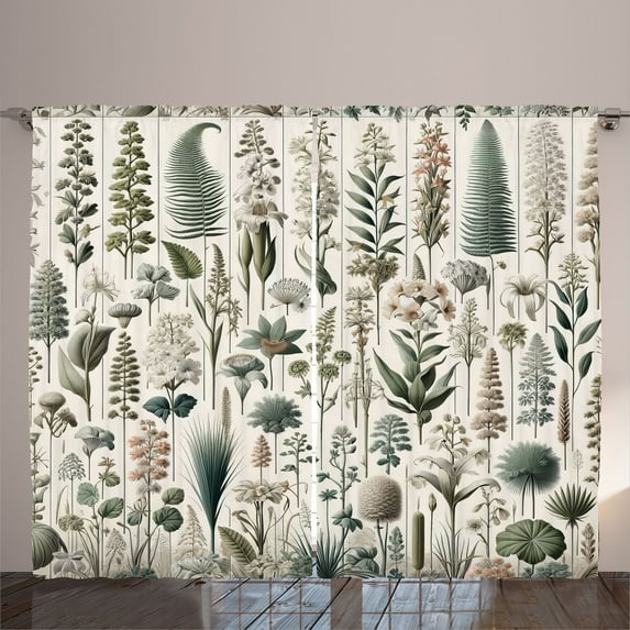 Ambesonne Neutral Curtains 2 Panel Set, Botanical Illustration Art, 108" x 63", Pale Reseda Green Coconut