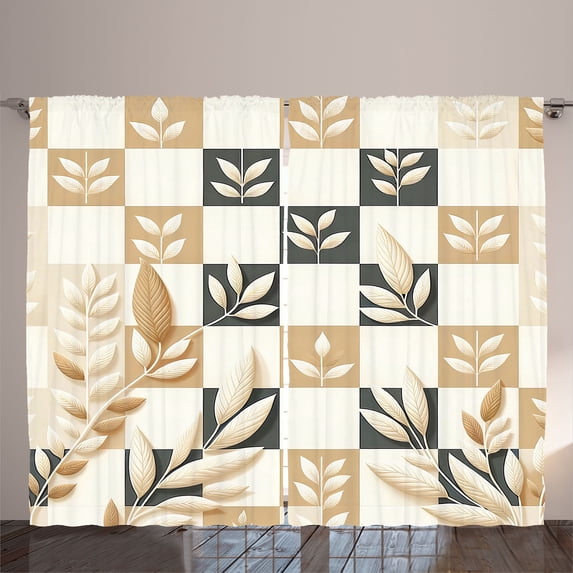 Ambesonne Neutral Curtains 2 Panel Set, Leaves on Checkered Board, 108" x 96", Beige Ecru Dimgray