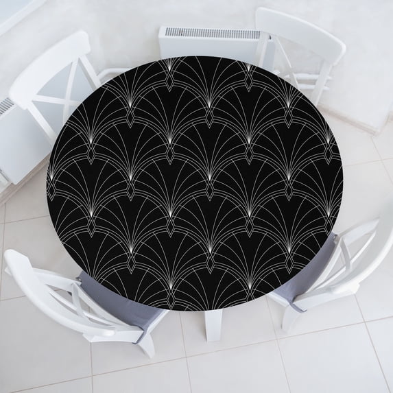 Ambesonne Neutral Fitted Round Tablecloth, Abstract Floral Geometric, 40"- 44" Diameter, Charcoal Grey White