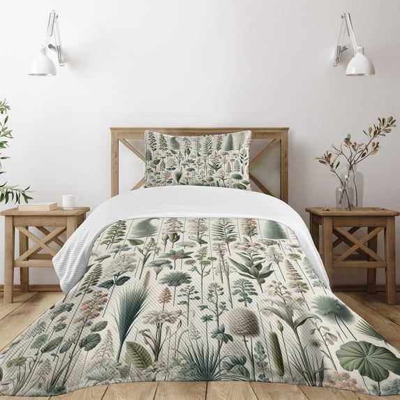 Ambesonne Neutral Quilted Bedspread Set 2 Pcs, Botanical Illustration Art, Twin Size, Pale Reseda Green Coconut