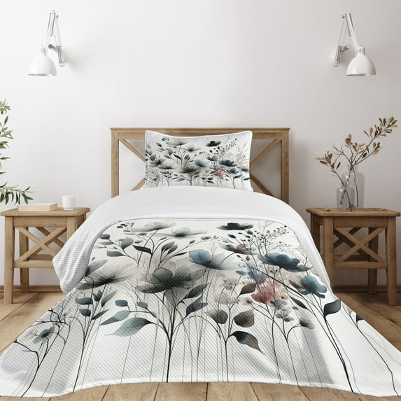 Ambesonne Neutral Quilted Bedspread Set 2 Pcs, Soft Hues Flowers Pattern, Twin Size, Dimgray and Slate Blue