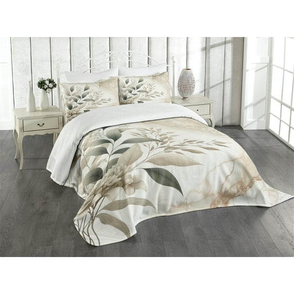 Ambesonne Neutral Quilted Bedspread Set 3 Pcs, Leaves on Marble Background, Queen Size, Sepia and Dark Sea Green
