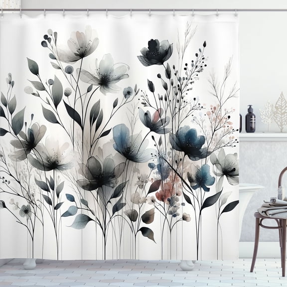 Ambesonne Neutral Shower Curtain, Soft Hues Flowers Pattern, 69"Wx84"L, Dimgray and Slate Blue