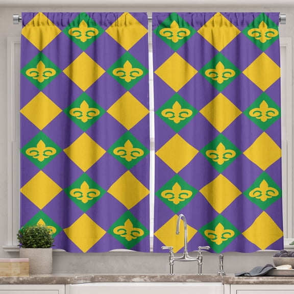 Ambesonne New Orleans Kitchen Curtains, Mardi Gras Themed, 55"x39", Green Violet Yellow