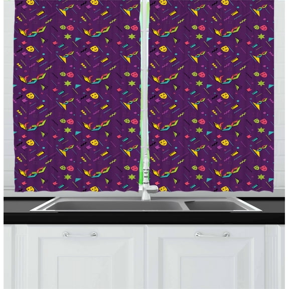 Ambesonne New Orleans Kitchen Curtains, Modern Mardi Grass, 55"x39", Multicolor