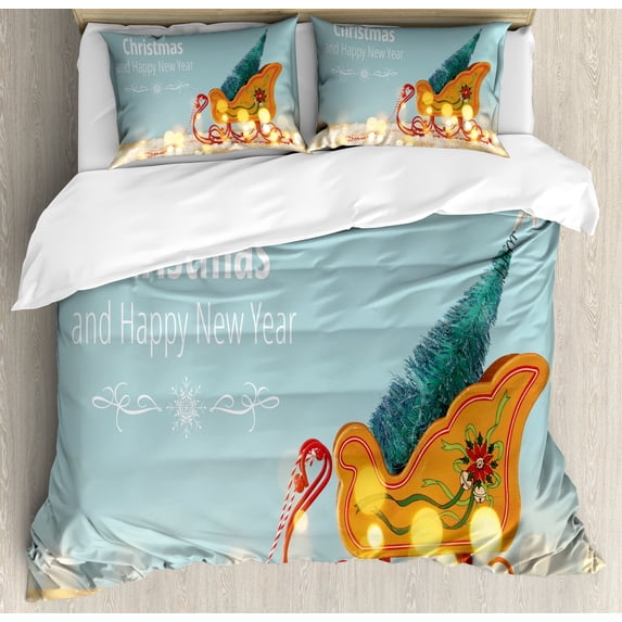 Ambesonne New Year Duvet Cover Sets, Christmas Tree on Sled, 2-Queen, Pale Blue Grey Multicolor