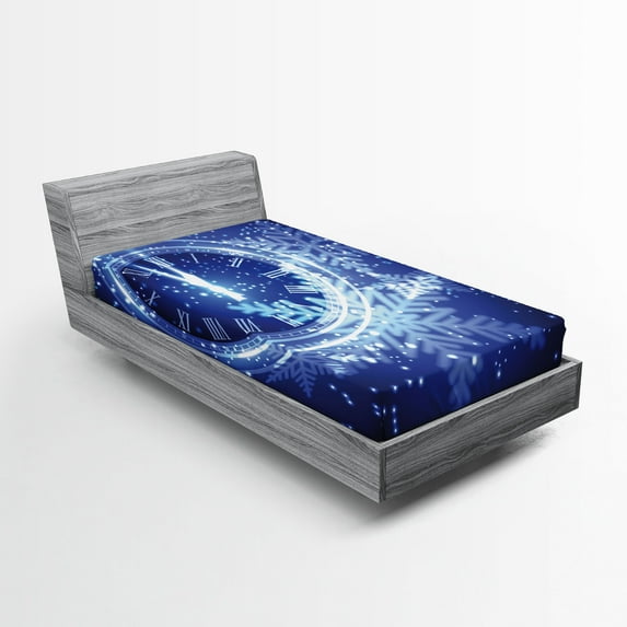 Ambesonne New Year Fitted Sheet, Snowflakes Pattern, Twin Size, Blue