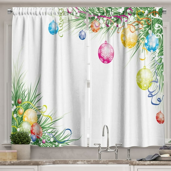 Ambesonne New Year Kitchen Curtains, Colorful Baubles Theme, 55"x39", Multicolor