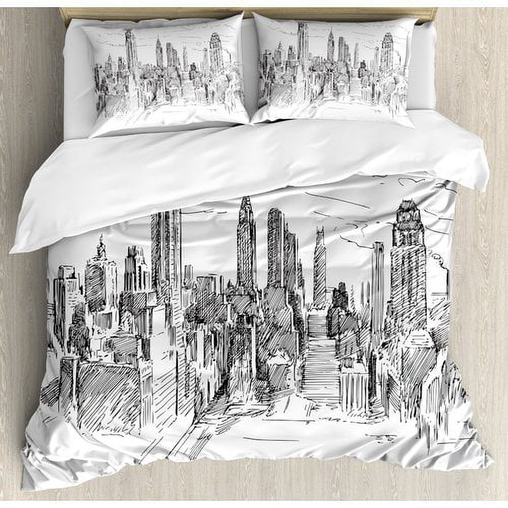 Queen Black and White Cityscape Duvet Cover Set