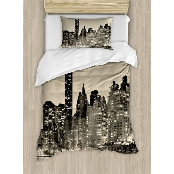 Ambesonne New York Duvet Cover Sets, Manhattan City Night, 2-Twin, Sepia Black