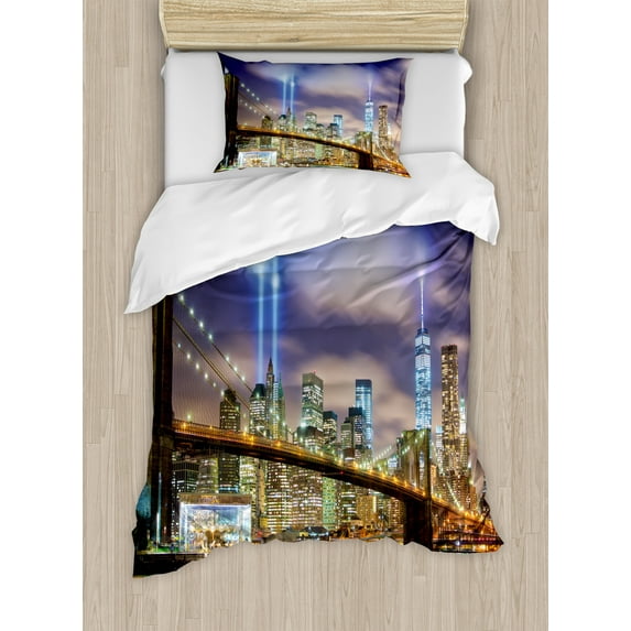 Ambesonne New York Duvet Cover Sets, Manhattan Skyline USA, 2-Twin, Purple Green
