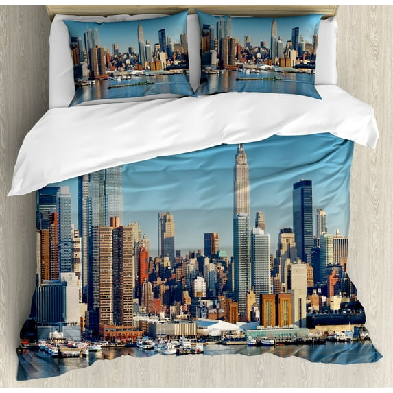 Ambesonne New York Duvet Cover Sets, Urban City Skyline, 2-King, Blue Grey