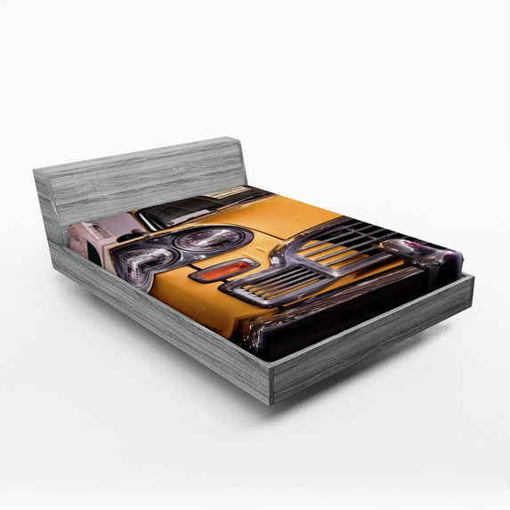 Ambesonne New York Fitted Sheet, Antique Yellow Taxi, Queen Size, Yellow Grey