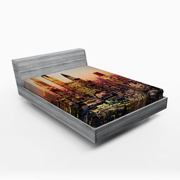 Ambesonne New York Fitted Sheet, Global City Sunset, Full Size, Multicolor