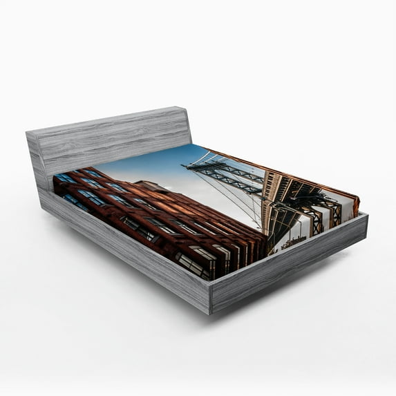 Ambesonne New York Fitted Sheet, Manhattan Bridge USA, Queen Size, Blue Red