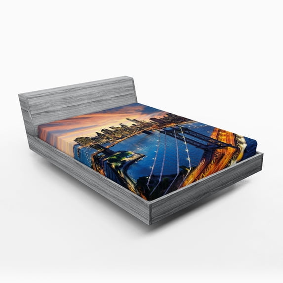 Ambesonne New York Fitted Sheet, Sunset Cityscape, Full Size, Multicolor