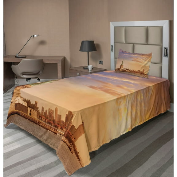 Ambesonne New York Fitted & Top Sheet Set with Sham, Freedom on NYC, Yellow White