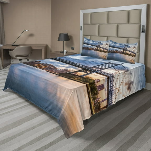 Ambesonne New York Fitted & Top Sheet Set with Shams, Kennedy Triboro, Orange Peach Blue