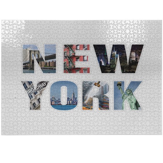 Ambesonne New York Jigsaw Puzzle Durable Cardboard, NY City Landmarks Letters, 1000 pcs, White and Multicolor