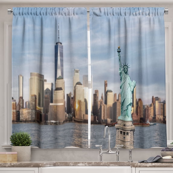 Ambesonne New York Kitchen Curtains, NYC Cityscape Skyscrapers, 55"x24", Purpleblue and Beige