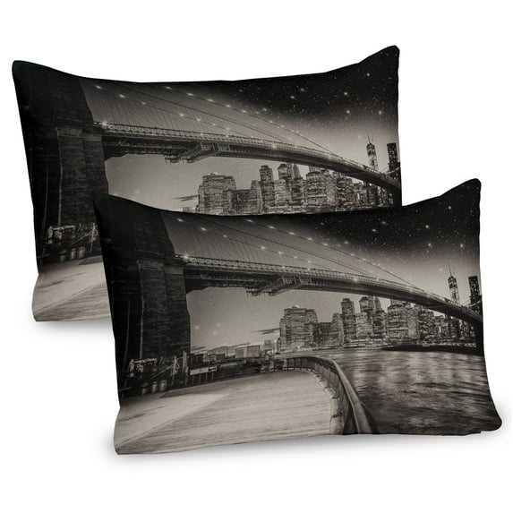 Ambesonne New York Pillow Sham 2 Pack, Brooklyn Bridge Night, 36"x20", Dark Sepia Black