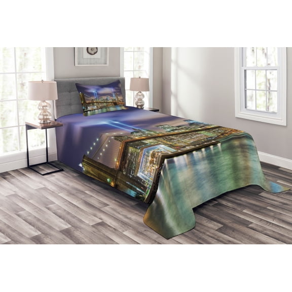 Ambesonne New York Quilted Bedspread Set 2 Pcs, Manhattan Skyline USA, Twin Size, Purple Green